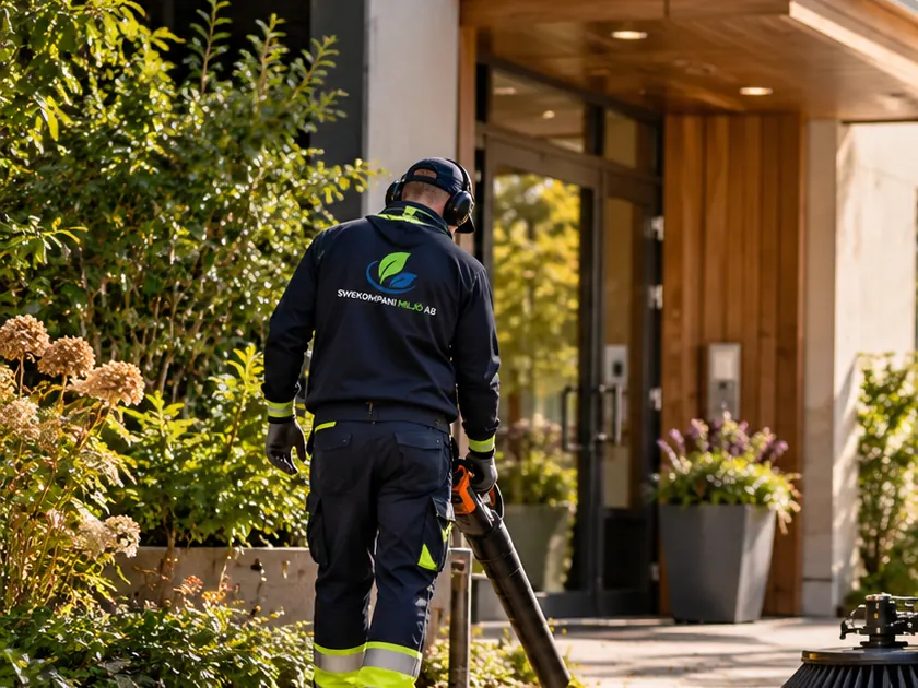 Medarbetare från Swekompani Miljö AB vid entrén till ett flerbostadshus