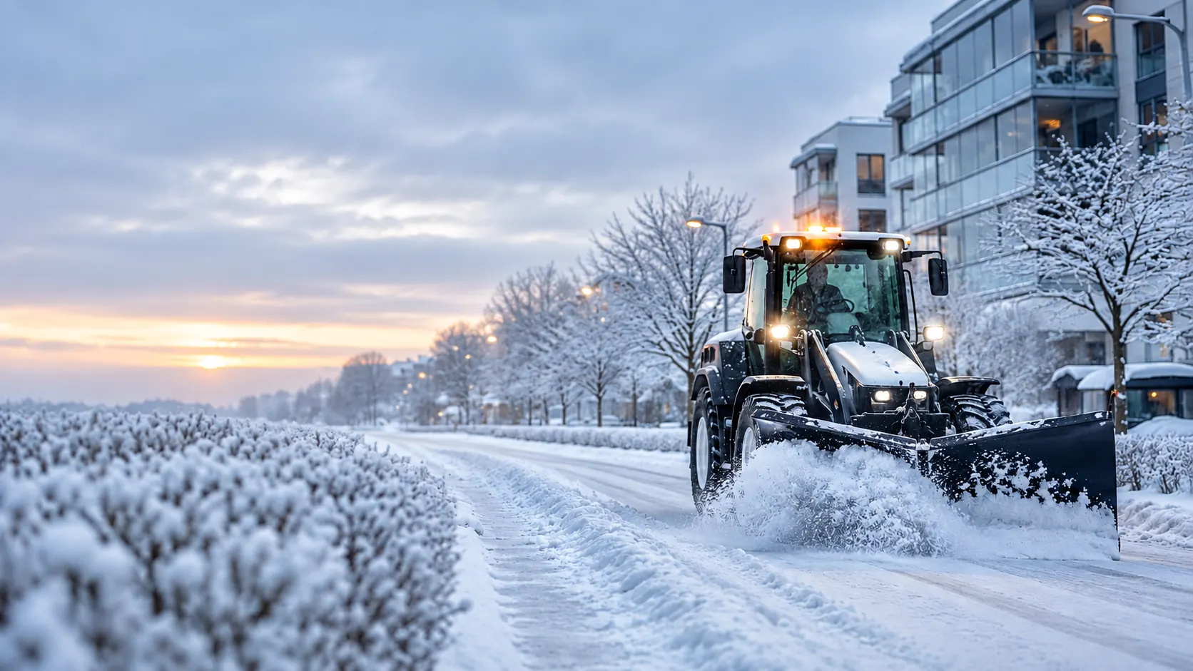 Traktor med plog röjer snö längs ett bostadsområde