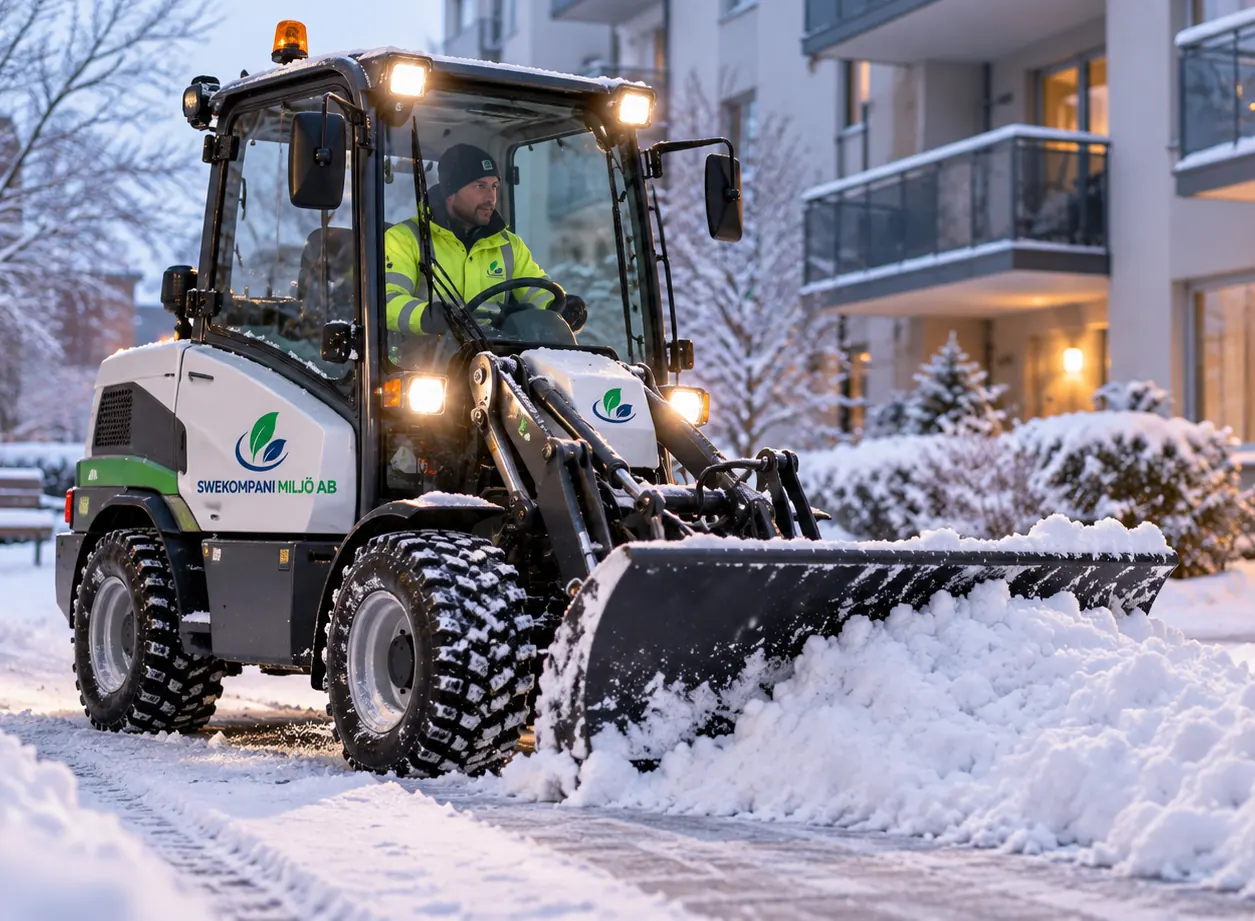 Kompaktlastare från Swekompani Miljö AB plogar snö vid ett flerbostadshus